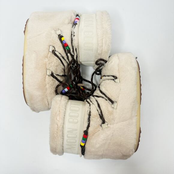Moon Boot Resort Icon Low Cream Faux Fur Beaded Lace Up Snow Boots 5.5 - 7 - Picture 7 of 16